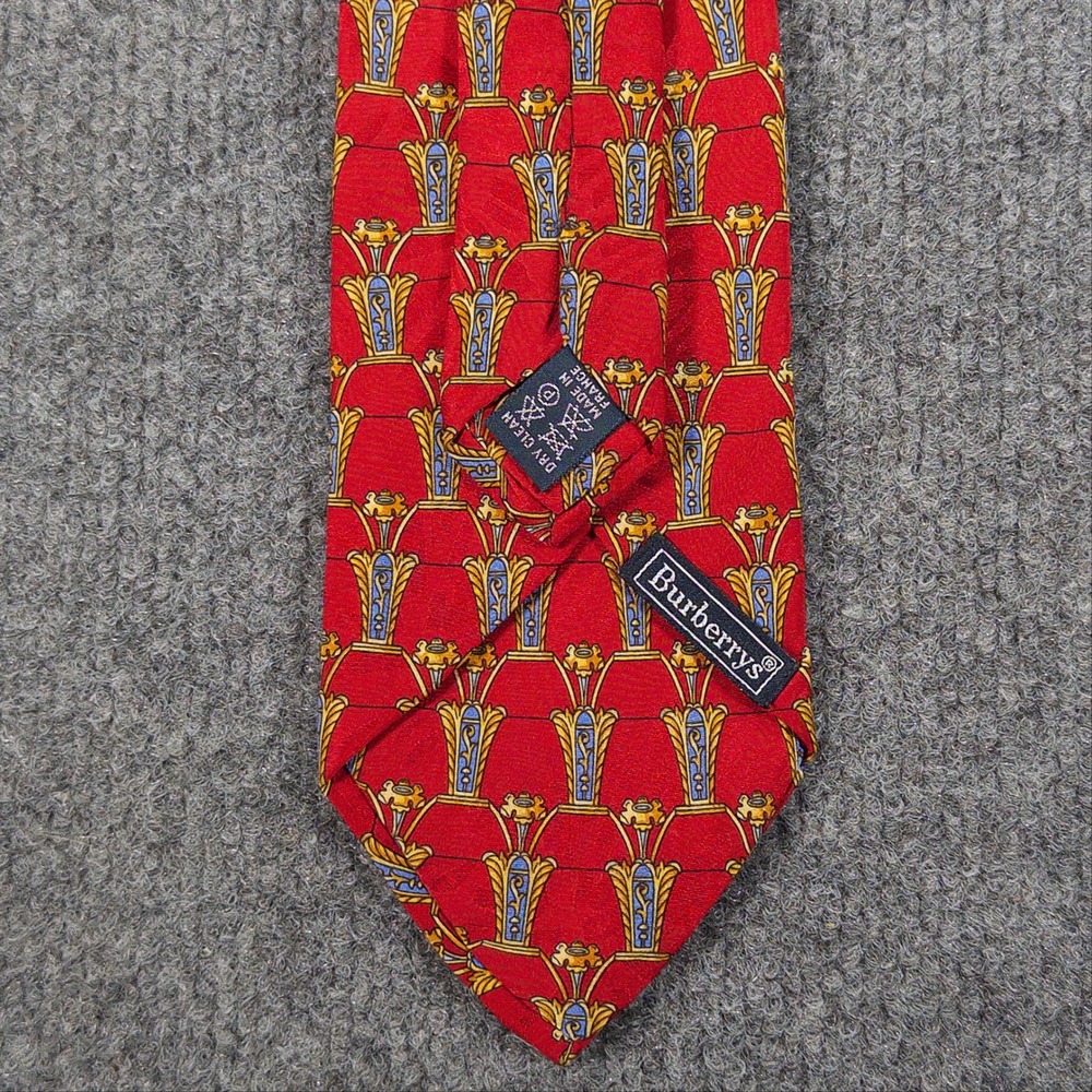 Burberrys Mens Silk Tie Red Gold Blue Urn Pattern Vintage Made in France #4781